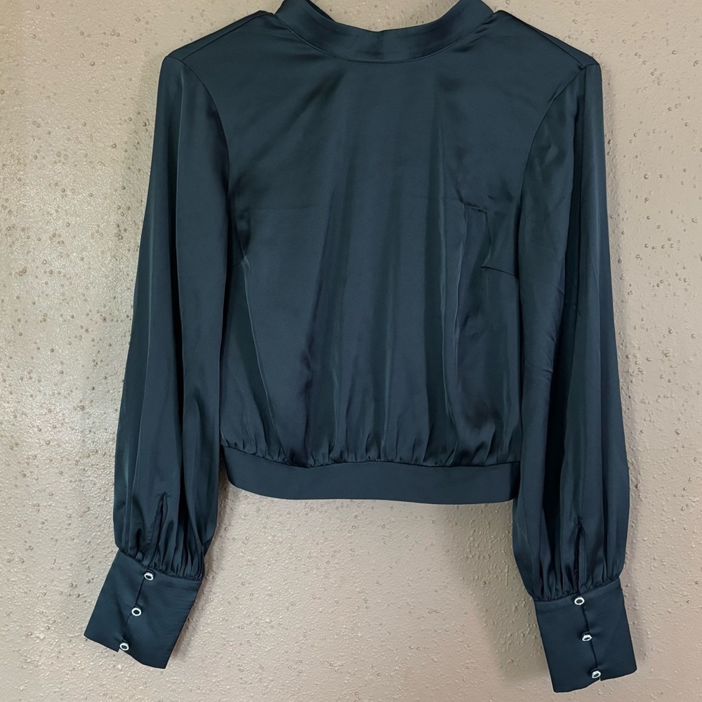 Express Black Satin Open Tie Back Blouse Rhinestone Cuff Long Sleeve Crop Top XS